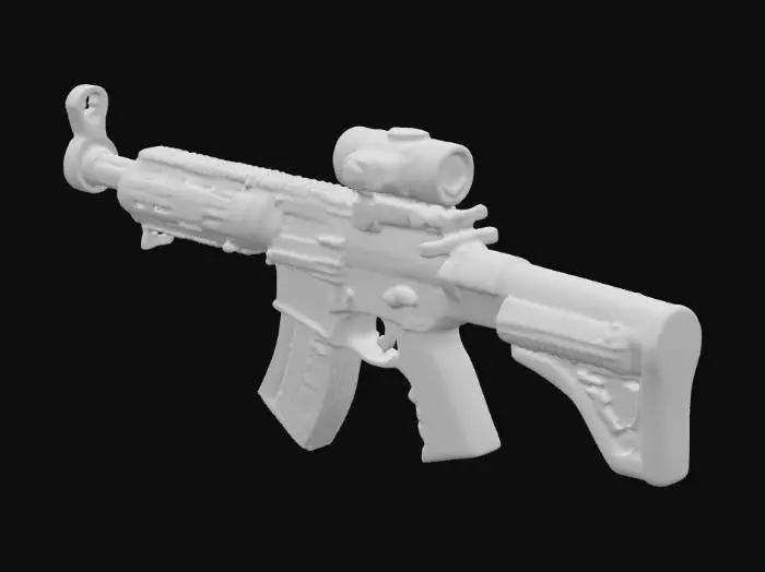 3D model for An m16 style gun, cartoonish, purple energy radiating from the tip of barrel, complex artistic design