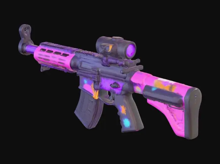 3D model for An m16 style gun, cartoonish, purple energy radiating from the tip of barrel, complex artistic design
