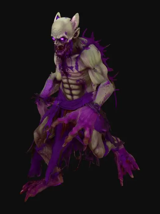 3D model for A demon ghoul zombie type character in a cartoonish but detailed style with purple accents and large purple eyes