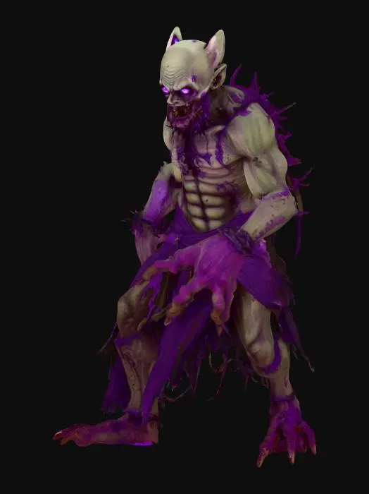 3D model for A demon ghoul zombie type character in a cartoonish but detailed style with purple accents and large purple eyes