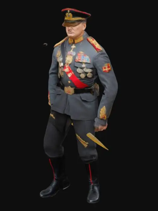 3D model for 敌军指挥官是一位身材高大挺拔的男性，约 190cm 高，体格健壮有力。他身着一套独特的深灰色制服，金色镶边凸显其尊贵地位，制服上挂满勋章和肩章，彰显着赫赫战功。他头戴一顶配有红色帽徽的军帽，面部轮廓分明，表情冷酷威严，犀利的眼神透露出果断和决绝，仿佛能洞察战场上的一切。他手持一根银色的指挥棒，腰侧挂着先进的通讯设备，时刻准备下达作战指令。