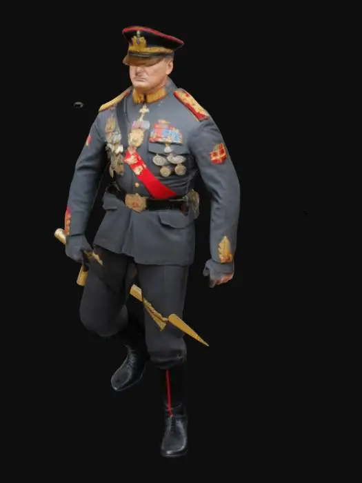 3D model for 敌军指挥官是一位身材高大挺拔的男性，约 190cm 高，体格健壮有力。他身着一套独特的深灰色制服，金色镶边凸显其尊贵地位，制服上挂满勋章和肩章，彰显着赫赫战功。他头戴一顶配有红色帽徽的军帽，面部轮廓分明，表情冷酷威严，犀利的眼神透露出果断和决绝，仿佛能洞察战场上的一切。他手持一根银色的指挥棒，腰侧挂着先进的通讯设备，时刻准备下达作战指令。