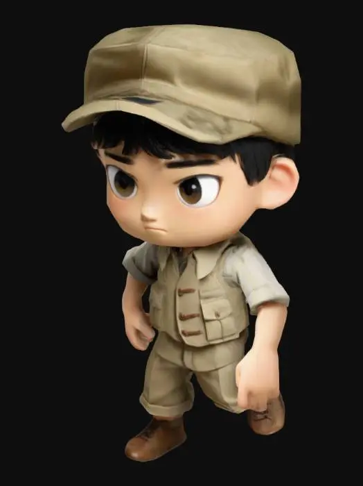 3D model for 战地记者林逸是一位年轻且富有活力的男性，身高约180cm，身形矫健。他戴着一顶卡其色的鸭舌帽，帽檐下是一双充满敏锐与好奇的眼睛。身穿一件耐磨的卡其色摄影马甲。他的脸庞略显疲惫，但眼神中却透露出坚定和执着。脚下穿着一双舒适的运动鞋，方便他在复杂的战地环境中行动自如。整个人散发着勇敢和正义的气息。 Q版动漫风格。, 全身, 游戏资产