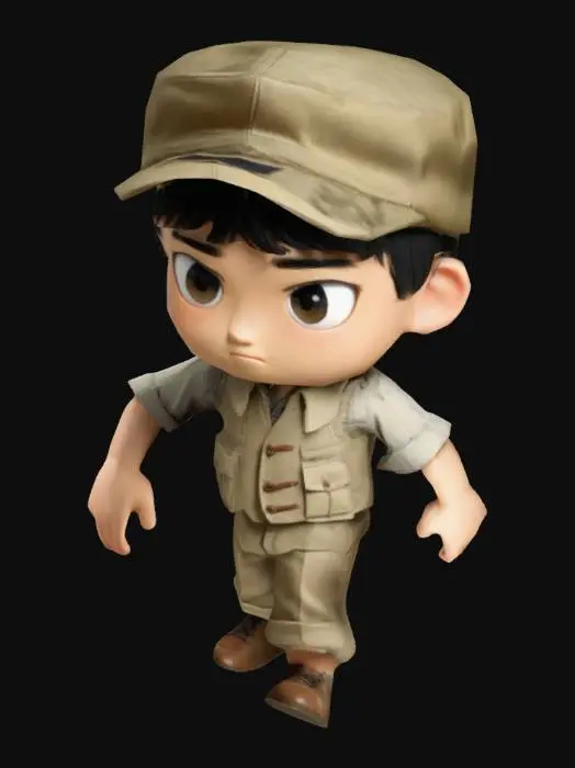 3D model for 战地记者林逸是一位年轻且富有活力的男性，身高约180cm，身形矫健。他戴着一顶卡其色的鸭舌帽，帽檐下是一双充满敏锐与好奇的眼睛。身穿一件耐磨的卡其色摄影马甲。他的脸庞略显疲惫，但眼神中却透露出坚定和执着。脚下穿着一双舒适的运动鞋，方便他在复杂的战地环境中行动自如。整个人散发着勇敢和正义的气息。 Q版动漫风格。, 全身, 游戏资产