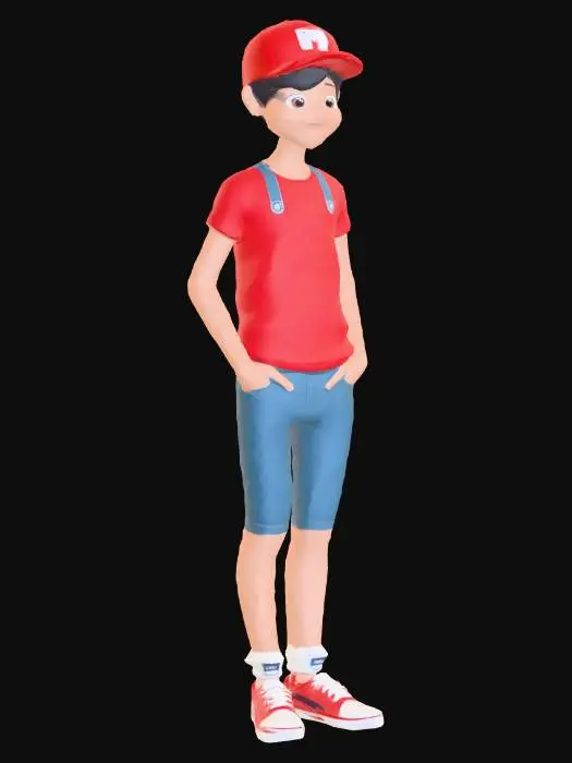 3D model for Создай Low Poly модельку персонажа, в простенькой футболке, штанах, кепке, примерно лет 12