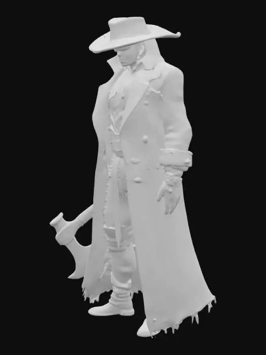 3D model for A towering nightmare in a tattered trench coat and wide-brim hat, a flash of red on his chest breaks the darkness while a jagged an axe in his hand, embodying a monstrous reaper who commands both fear and the night itself.

