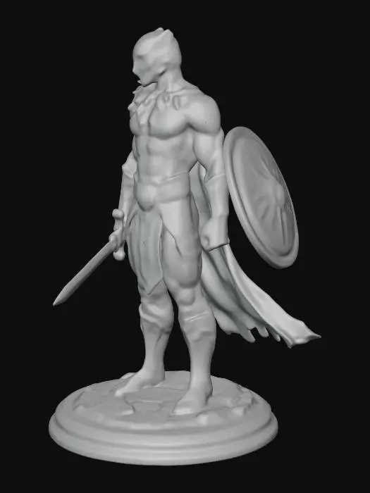 3D model for Black panther warrior, wearing intricate fantasy armor, wielding a sharp sword and a sturdy shield, captured in a fierce battle pose. The entire model stands firmly on a detailed, circular action figure display base, high quality collectible, photorealistic, 3D model, cinematic lighting.