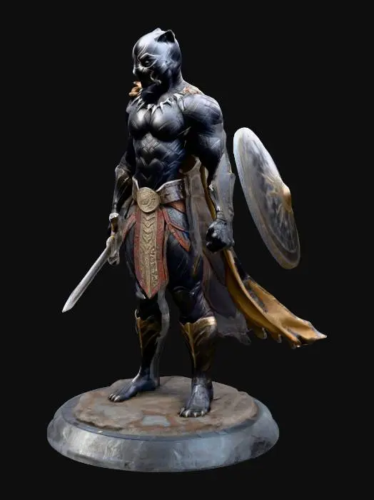 3D model for Black panther warrior, wearing intricate fantasy armor, wielding a sharp sword and a sturdy shield, captured in a fierce battle pose. The entire model stands firmly on a detailed, circular action figure display base, high quality collectible, photorealistic, 3D model, cinematic lighting.