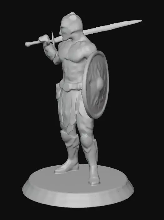 3D model for Black panther warrior, wearing intricate fantasy armor, wielding a sharp sword and a sturdy shield, captured in a fierce battle pose. The entire model stands firmly on a detailed, circular action figure display base, high quality collectible, photorealistic, 3D model, cinematic lighting.