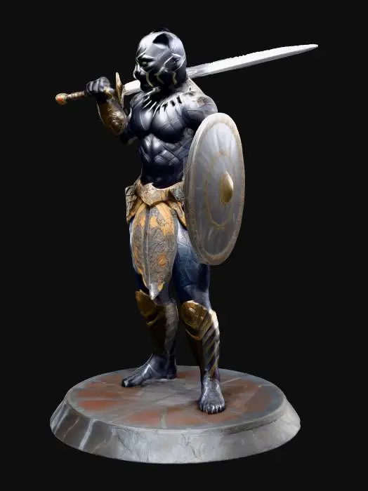 3D model for Black panther warrior, wearing intricate fantasy armor, wielding a sharp sword and a sturdy shield, captured in a fierce battle pose. The entire model stands firmly on a detailed, circular action figure display base, high quality collectible, photorealistic, 3D model, cinematic lighting.