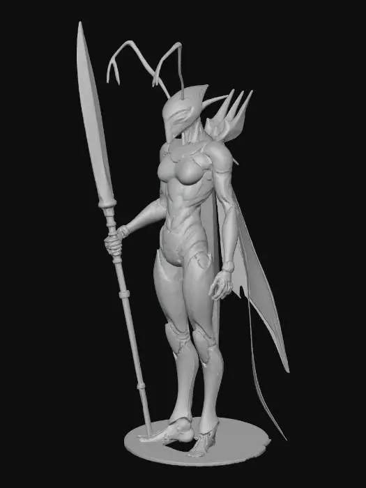 3D model for Highly detailed futuristic ant warrior, holding a glowing red energy spear with both hands in a ready-to-attack pose. A powerful rocket propulsion system is mounted on its back. The ant's body and arms are covered in sleek, advanced cybernetic armor with glowing blue accents. Sci-fi, photorealistic, intricate design, dynamic pose, 3D model.