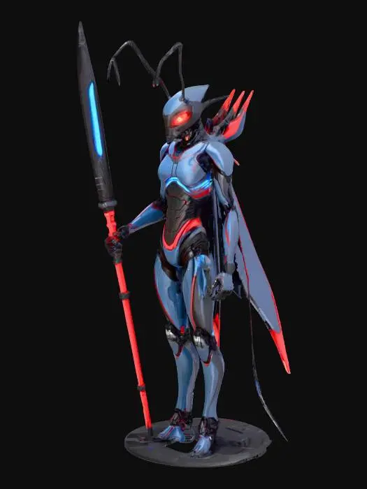 3D model for Highly detailed futuristic ant warrior, holding a glowing red energy spear with both hands in a ready-to-attack pose. A powerful rocket propulsion system is mounted on its back. The ant's body and arms are covered in sleek, advanced cybernetic armor with glowing blue accents. Sci-fi, photorealistic, intricate design, dynamic pose, 3D model.