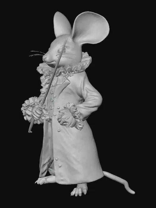 3D model for Elegant white mouse nobleman, dressed in a detailed velvet aristocratic outfit with a ruffled collar and cuffs, holding a gleaming rapier menacingly in its left paw, poised as if about to duel. Refined posture, intricate clothing textures, fantasy art style, photorealistic, 3D model, soft studio lighting.