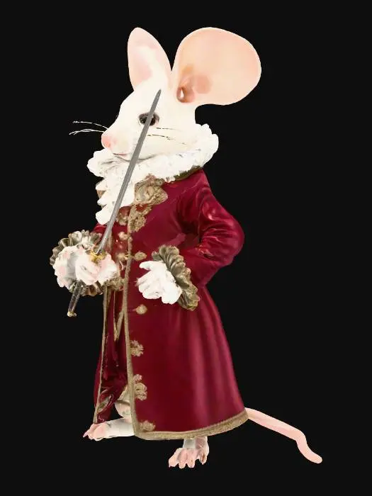 3D model for Elegant white mouse nobleman, dressed in a detailed velvet aristocratic outfit with a ruffled collar and cuffs, holding a gleaming rapier menacingly in its left paw, poised as if about to duel. Refined posture, intricate clothing textures, fantasy art style, photorealistic, 3D model, soft studio lighting.