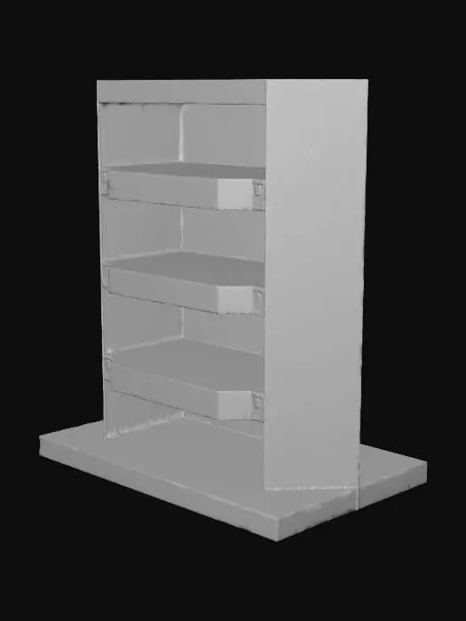 3D model for An industrial-style display rack for 5 collectible cars, five individual slots carved into a brutalist raw concrete block, with polished brass inlays separating each slot, desktop diorama, minimalist luxury, cinematic lighting, highly detailed 3d model.
without car, only rack.