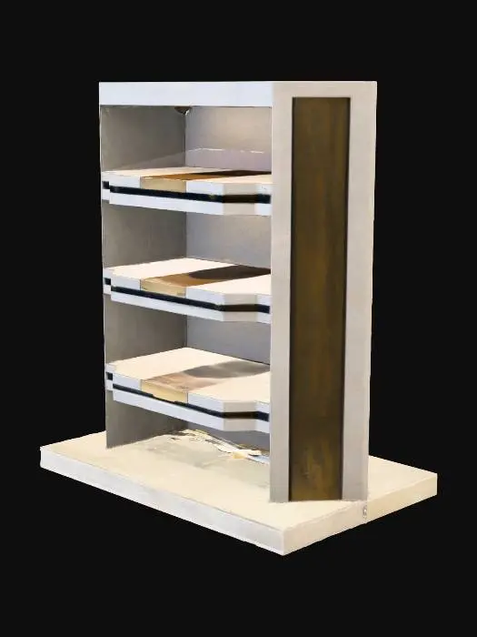 3D model for An industrial-style display rack for 5 collectible cars, five individual slots carved into a brutalist raw concrete block, with polished brass inlays separating each slot, desktop diorama, minimalist luxury, cinematic lighting, highly detailed 3d model.
without car, only rack.