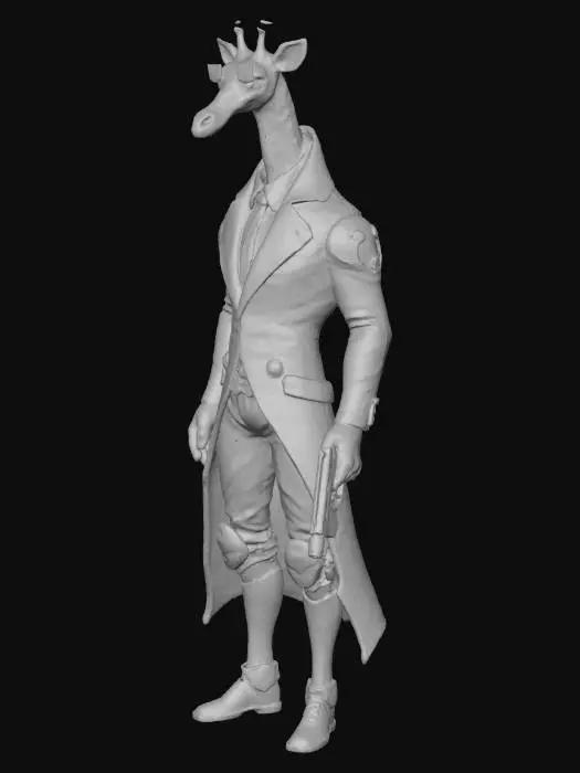 3D model for A sophisticated, tall giraffe, exuding an aura of cool elegance. Head: Wearing stylish, reflective black aviator sunglasses, with a slight tilt of the head. Body & Neck: Its posture is graceful and imposing, with subtle, high-tech cybernetic enhancements integrated into its natural skin pattern, giving it a sleek, armored look. Right Hip: A gleaming, chrome-plated futuristic laser pistol with glowing blue accents is securely holstered. Left Hip: A more robust, matte-black plasma rifle with visible cooling vents and tactical grip is fastened. Overall Style: Sci-fi secret agent, photorealistic, high detail, 3D model, cinematic lighting.