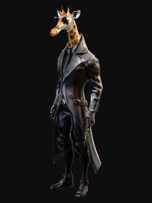 3D model for A sophisticated, tall giraffe, exuding an aura of cool elegance. Head: Wearing stylish, reflective black aviator sunglasses, with a slight tilt of the head. Body & Neck: Its posture is graceful and imposing, with subtle, high-tech cybernetic enhancements integrated into its natural skin pattern, giving it a sleek, armored look. Right Hip: A gleaming, chrome-plated futuristic laser pistol with glowing blue accents is securely holstered. Left Hip: A more robust, matte-black plasma rifle with visible cooling vents and tactical grip is fastened. Overall Style: Sci-fi secret agent, photorealistic, high detail, 3D model, cinematic lighting.