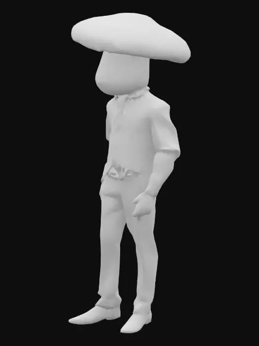 3D model for Brown mushroom man with a mushroom bulb for a head, and mushroom stalk for a head. No eyes, mouth or other details in the face. Human proportioned body with a butler suit including a suit vest. White gloves and black dress shoes. 