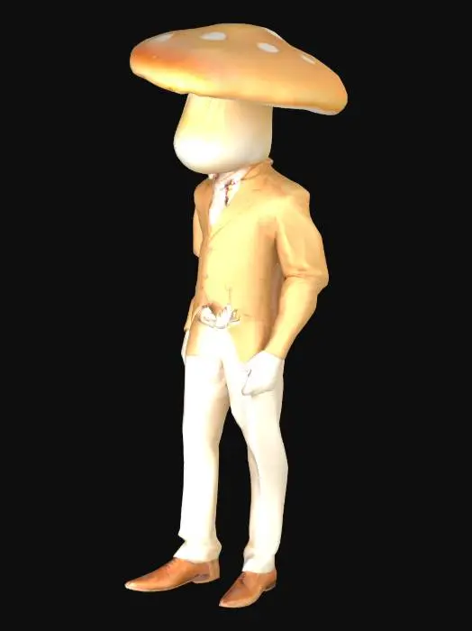 3D model for Brown mushroom man with a mushroom bulb for a head, and mushroom stalk for a head. No eyes, mouth or other details in the face. Human proportioned body with a butler suit including a suit vest. White gloves and black dress shoes. 