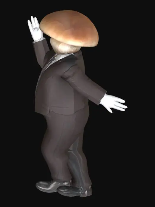 3D model for Brown mushroom man with a mushroom bulb for a head, and mushroom stalk for a head. No eyes, mouth or other details in the face. Human proportioned body with a butler suit including a suit vest. White gloves and black dress shoes. 

T-pose.
