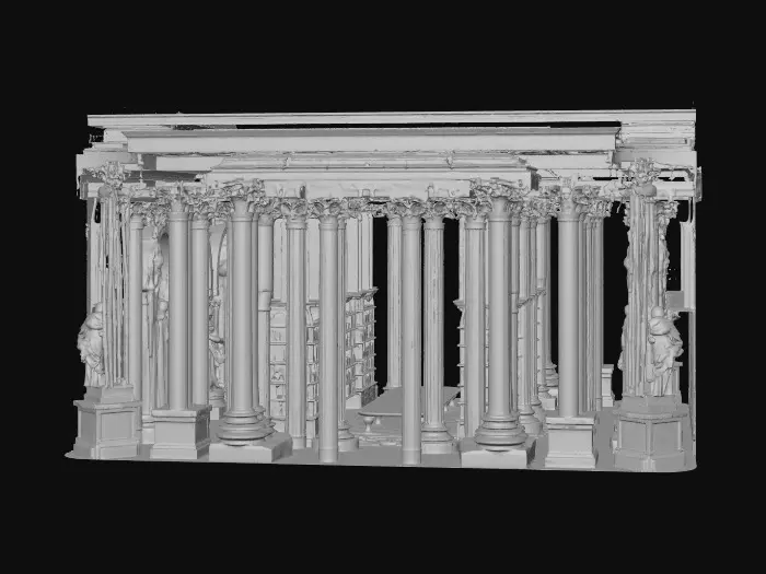 3D model for A grand ancient Roman room, featuring ornate marble Corinthian pillars with fluted shafts, supporting a high, coffered ceiling. Intricately carved wooden bookshelves filled with aged scrolls line the walls. Elegant marble statues, depicting figures in graceful poses with serene expressions, stand on pedestals. The mosaic floor reflects muted light, while walls are adorned with faded frescoes. The overall texture is smooth yet detailed, evoking an opulent, scholarly ambiance.
