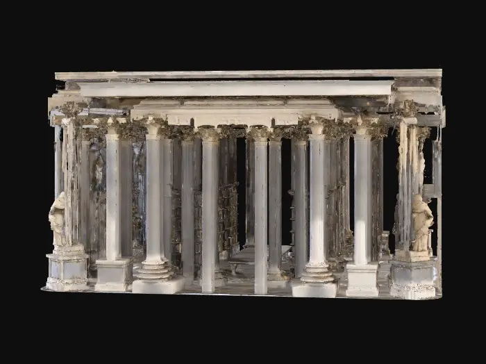 3D model for A grand ancient Roman room, featuring ornate marble Corinthian pillars with fluted shafts, supporting a high, coffered ceiling. Intricately carved wooden bookshelves filled with aged scrolls line the walls. Elegant marble statues, depicting figures in graceful poses with serene expressions, stand on pedestals. The mosaic floor reflects muted light, while walls are adorned with faded frescoes. The overall texture is smooth yet detailed, evoking an opulent, scholarly ambiance.