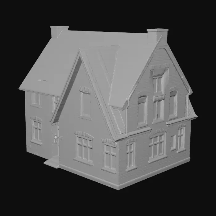 3D model for A classic Dutch traditional house features a steep, dark grey tiled gable roof with distinct step-gables and a narrow, tall facade. Its sturdy walls are constructed from textured reddish-brown bricks with white mortar lines. It has multiple rectangular windows with white wooden frames, and a prominent front door, conveying a robust, historic, and quaint architectural style.
