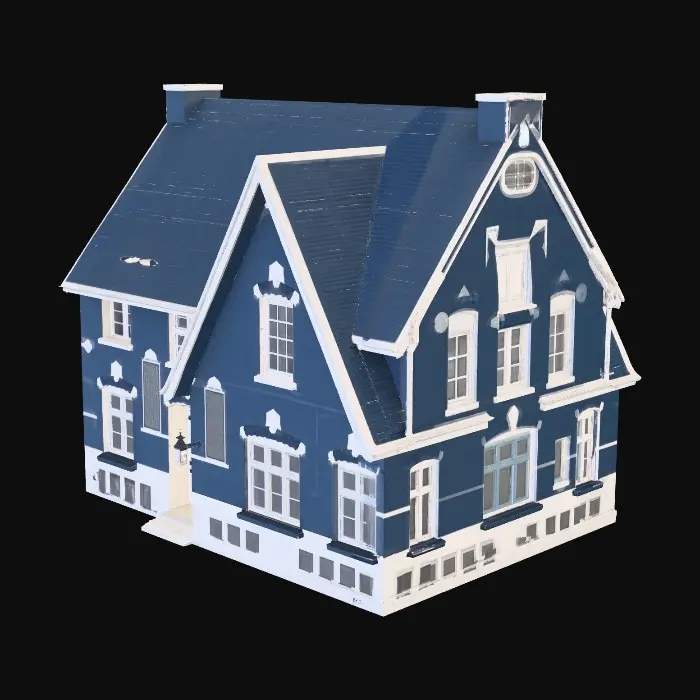 3D model for A classic Dutch traditional house features a steep, dark grey tiled gable roof with distinct step-gables and a narrow, tall facade. Its sturdy walls are constructed from textured reddish-brown bricks with white mortar lines. It has multiple rectangular windows with white wooden frames, and a prominent front door, conveying a robust, historic, and quaint architectural style.