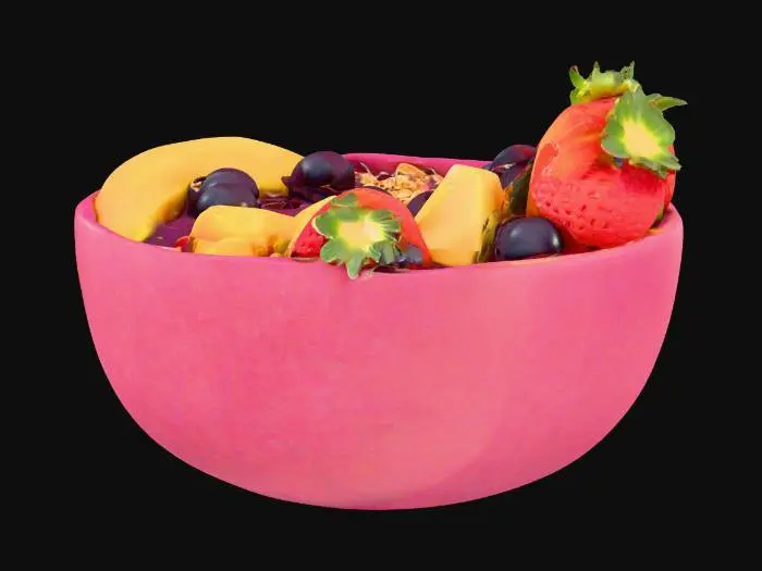 3D model for A visually appealing acai bowl, overflowing with a thick, smooth, deep purple acai base. It's richly topped with precisely sliced yellow bananas, vibrant red strawberries, and succulent orange mango cubes, all looking fresh and plump. A generous sprinkling of golden-brown, crunchy granola adds texture, while glistening, amber-colored honey is drizzled in delicate strands across the fruit, giving it a slightly sticky, sweet sheen.