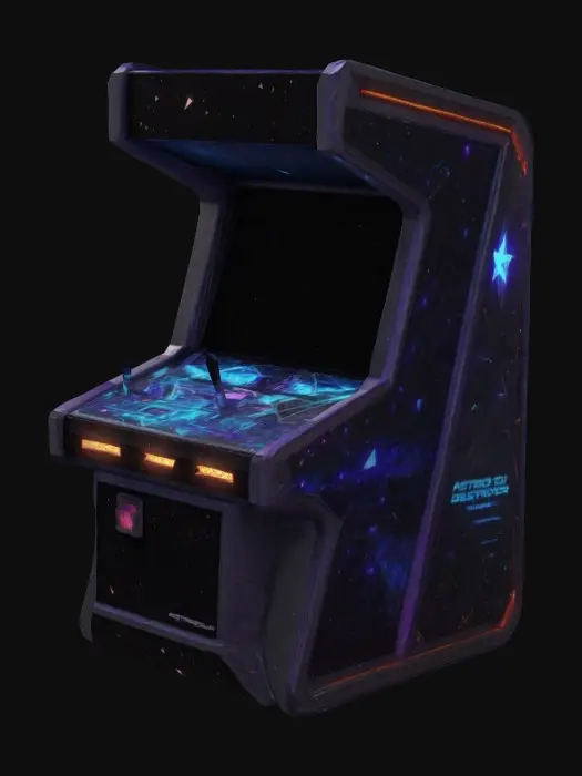 3D model for Retro-futuristik bir arcade makinesi : Ana gövde, keskin açılı trapezoidal bir siluetle modernize. Alt kısımda derin, katmanlı geometrik desenlerle güçlendirilmiş geniş bir taban. Kontrol paneli, yükseltilmiş bir platformda minimalist 'yüzen' tasarım; ergonomik düğmeler ve joystick, hafif eğimli bir yüzeyde yerleştirilmiş. Ekran bölgesi, holografik bir etki için hafif içbükey, geniş kenar boşluklu ve 45 derece kenar kesimli. Üstte neon ışıklar için hazır kanallı keskin hatlı, dinamik bir 'vizör' formunda marquee. Yan panellere asimetrik olarak yerleştirilmiş diagonal havalandırma ızgaraları, arkaya entegre edilmiş modüler komponent bölmeleri ve kablo yönetimi için girintili portlar. Retro nostalji ile agresif fütürizmi birleştiren keskin yüzey geçişleri ve dinamik açısal kütleleme kullan