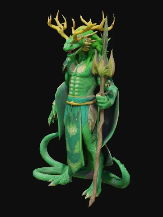 3D model for a majestic figure towering his presence radiating ancient power. This is Shenron, the Dragon of the Dragon Balls, reimagined as a humanoid. His body is lean and serpentine, with powerful muscles rippling beneath emerald green scales. He stands tall, his long, flowing mane of green hair cascading down his back. crowned with majestic, branched antlers. Large, reptilian eyes, filled with a thousand years of wisdom. His mouth is wide, revealing a set of sharp teeth, hinting at the dragon within. He wears flowing robes of shimmering emerald green, adorned with intricate gold designs. He might carry a staff topped with a stylized dragon head, a symbol of his divine power. His presence is both awe-inspiring and comforting, a guardian of the universe, ready to grant wishes to those who summon him.