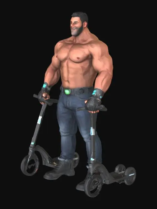 3D model for мне нужна качественная модель огромного босса с электросамокатом в руке  . улыбается стоит в позе A готовый к анимации