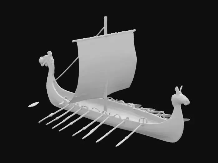 3D model for a wooden viking long ship with only one sail pole and a sail , highli detailed 