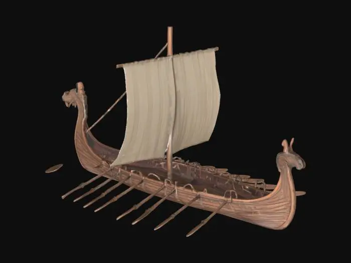 3D model for a wooden viking long ship with only one sail pole and a sail , highli detailed 
