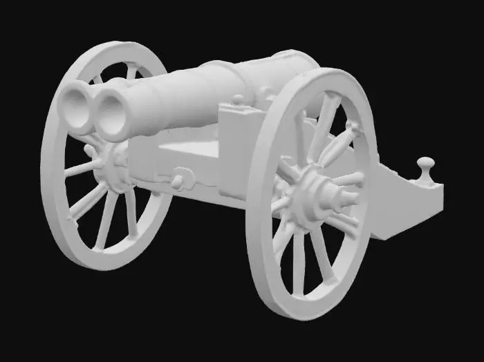 3D model for A dual-barreled cannon, crafted from a combination of polished dark bronze and brass, displaying a slight aged patina. The smooth, cylindrical barrels feature subtle banding and exhibit a rich, golden sheen. It rests on a sturdy, dark brown wooden carriage with a flat platform base and robust spoked wheels. The metallic surfaces offer a cool, sleek tactile quality, contrasting with the warm, subtly textured feel of the wooden components, all reflecting light with a luxurious gleam.