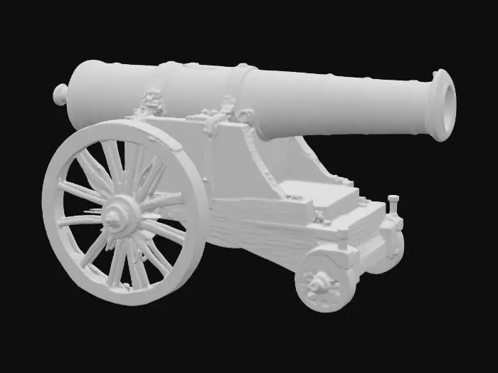 3D model for A huge cannon, crafted from a combination of corroded dark bronze and brass, displaying a heavily aged patina. The smooth, cylindrical barrel feature subtle banding. It rests on a sturdy, dark brown wooden carriage on robust spoked wheels. The metallic surfaces offer a cool, sleek tactile quality, contrasting with the warm, subtly textured feel of the wooden components, all reflecting light with a luxurious gleam.