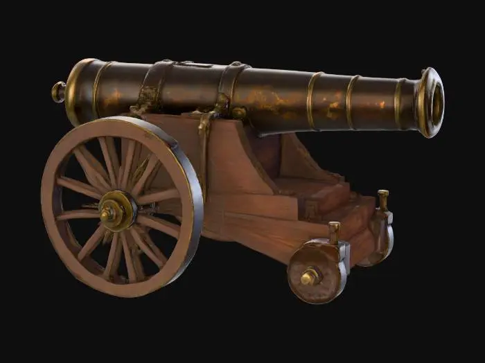 3D model for A huge cannon, crafted from a combination of corroded dark bronze and brass, displaying a heavily aged patina. The smooth, cylindrical barrel feature subtle banding. It rests on a sturdy, dark brown wooden carriage on robust spoked wheels. The metallic surfaces offer a cool, sleek tactile quality, contrasting with the warm, subtly textured feel of the wooden components, all reflecting light with a luxurious gleam.