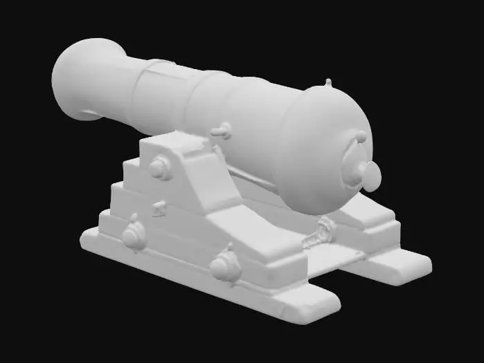 3D model for A huge naval cannon, crafted from iron, displaying a heavily water damaged rusty surface . The rugh, cylindrical barrel feature subtle banding. Barnicles growing on all over the barrel. It rests on a heavily water damaged , dark brown wooden robust platform. The metallic surfaces offer a cool, sleek tactile quality, contrasting with the corroded and heavily water damaged extremly aged, roughly textured feel of the wooden components, all reflecting an abandoned feel.