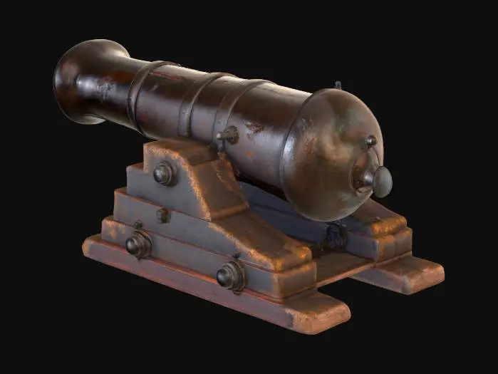 3D model for A huge naval cannon, crafted from iron, displaying a heavily water damaged rusty surface . The rugh, cylindrical barrel feature subtle banding. Barnicles growing on all over the barrel. It rests on a heavily water damaged , dark brown wooden robust platform. The metallic surfaces offer a cool, sleek tactile quality, contrasting with the corroded and heavily water damaged extremly aged, roughly textured feel of the wooden components, all reflecting an abandoned feel.
