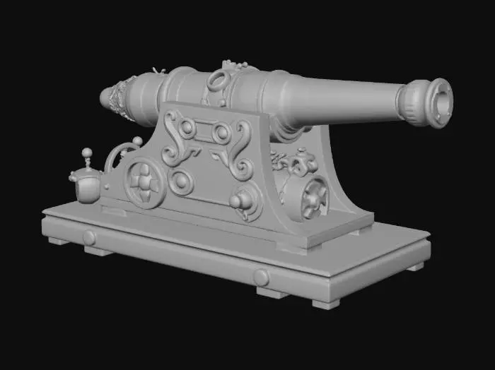 3D model for a cannon with a straight long barrel attatched on a fixated sturdy wooden  pedestal with no wheels on it