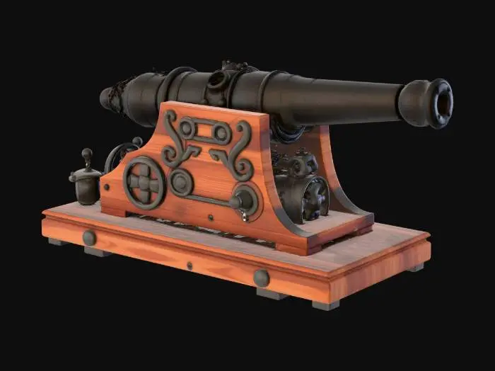 3D model for a cannon with a straight long barrel attatched on a fixated sturdy wooden  pedestal with no wheels on it