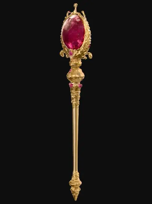 3D model for a holy royal scepter , pure gold and rubis embeded into it

