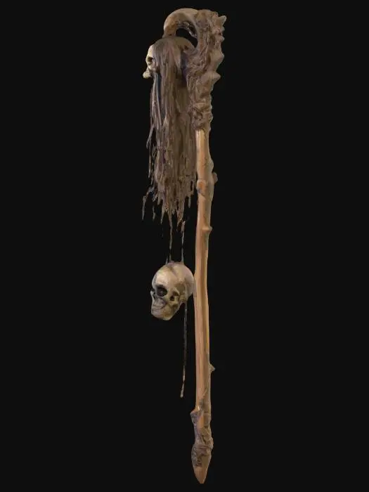 3D model for a long wooden necromancer staff with a half moon curve in the top and theres a shrunken mummified frmale head hanging in the curved part by her long hair