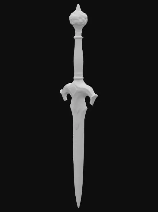 3D model for An ornate short sword, featuring a polished golden hilt and a distinct crossguard adorned with intricate, swirling engravings. The grip is wrapped in dark, textured leather with subtle ridging, providing a secure hold. A vibrant teal gemstone is precisely set into both the pommel and the center of the crossguard, adding a focal point. The sharp, double-edged blade exhibits a smooth, reflective silver-like steel along its core, flanked by shimmering golden panels with delicate etched patterns, tapering to a finely honed, lethal point.