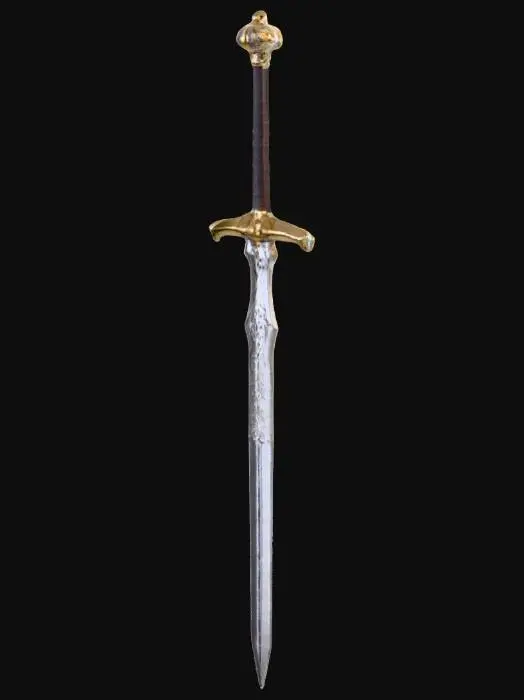 3D model for An elegant elven sword featuring a slender, highly polished silver blade with subtle, intricate patterns resembling flowing leaves along its length. The hilt, crossguard, and pommel are crafted from radiant gold, exhibiting organic, swirling forms and delicate, pointed tips reminiscent of elven artistry. The grip is wrapped in smooth, dark leather, providing a comfortable, refined tactile quality. The overall design emphasizes grace and lethal beauty, with sharp, precise edges and a balanced, ethereal appearance.