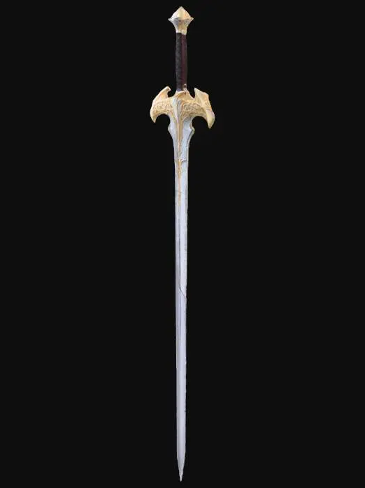 3D model for An elegant elven sword featuring a slender, highly polished silver blade with subtle, intricate patterns resembling flowing leaves along its length. The hilt, crossguard, and pommel are crafted from radiant gold, exhibiting organic, swirling forms and delicate, pointed tips reminiscent of elven artistry. The grip is wrapped in smooth, dark leather, providing a comfortable, refined tactile quality. The overall design emphasizes grace and lethal beauty, with sharp, precise edges and a balanced, ethereal appearance.