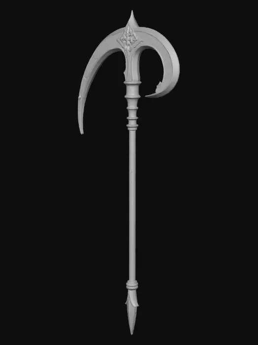 3D model for a well decorated reapers scythe fully made out of bronz . its polished but parts of it has greenish oxidization. the scythe blade is long with an extremly long straight handle . highly detailed and high quality modell