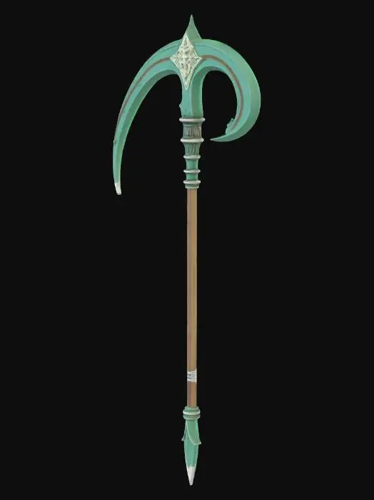 3D model for a well decorated reapers scythe fully made out of bronz . its polished but parts of it has greenish oxidization. the scythe blade is long with an extremly long straight handle . highly detailed and high quality modell