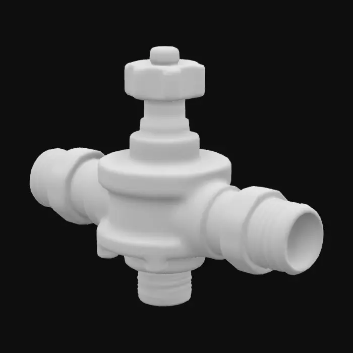 3D model for a thermostatic mixing valve with outputs on both sides